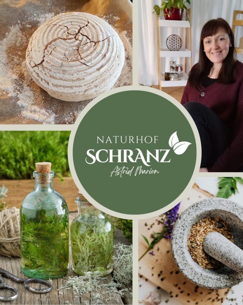 Collage mit Logo Naturhof Schranz, Kräutern, Mörser, Brot und Astrid Marion. Online Kräuterkurse und Naturseminare